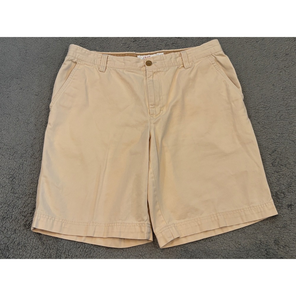 Izod Saltwater Mens 34 Khaki Tan Chino Shorts 100% Cotton Flat Front 10.5 Inseam